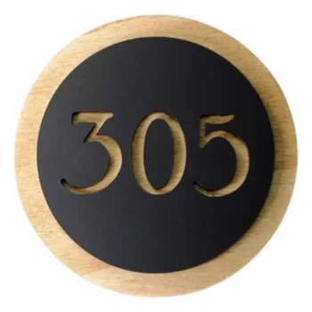 Letrero redondo de madera y acrílico para número de habitación - Señalización para puerta de apartamento de hotel