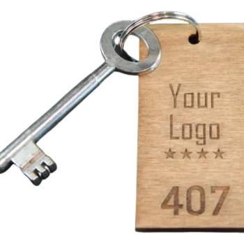 Llavero de hotel personalizado fabricado en madera, Llavero con tu logo y número de habitación